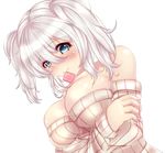  bad_id bad_pixiv_id bare_shoulders blue_eyes blush breasts cleavage condom condom_in_mouth condom_wrapper heart kantai_collection kashima_(kantai_collection) large_breasts looking_at_viewer mouth_hold re:ia short_hair silver_hair simple_background solo twintails white_background 