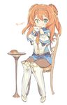  alisa_kirsten blade_(galaxist) blush chair croissant cup double_bun food full_body green_eyes long_hair looking_at_viewer orange_hair pantyhose plate pop-up_story simple_background sitting skirt solo st._feles_gakuen_uniform table teacup white_background 