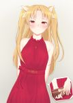  1girl arms_behind_back bangs bare_shoulders bitter_sweet_(fate/grand_order) blonde_hair blush box commentary_request dress earrings ereshkigal_(fate/grand_order) eyelashes fate/grand_order fate_(series) gift gift_box hair_ribbon highres holding holding_gift jewelry long_hair looking_at_viewer obustat parted_bangs red_dress red_eyes ribbon sleeveless sleeveless_dress solo two_side_up valentine wavy_mouth 
