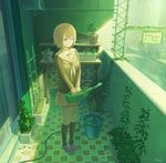  feel_(nasitaki) kneehighs original plant school_uniform short_hair signature skirt solo tiled vines water watering_can 