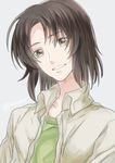  bad_id bad_pixiv_id black_hair brown_eyes collarbone grey_background grin makabe_kazuki male_focus simple_background smile solo soukyuu_no_fafner twitter_username wae 