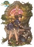  :d ass bent_over blue_dress brown_eyes brown_hair cleric_(tree_of_savior) double_bun dress frilled_dress frills full_body hammer highres leaf long_sleeves looking_back maggi official_art open_mouth plant round_teeth sandals shield smile solo teeth tree tree_of_savior 