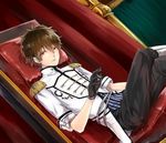  absurdres aiguillette bad_id bad_pixiv_id black_gloves black_pants boots brown_hair buttons collar crossed_legs curtains dutch_angle emblem ensemble_stars! epaulettes evil_smile gloves hair_between_eyes highres knee_boots looking_at_viewer male_focus military military_uniform morisawa_chiaki orange_eyes pants parted_lips pillar sanmon_(mekko0929) short_sleeves sitting sleeves_folded_up smile solo throne uniform white_footwear 