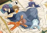  &gt;_&lt; akatsuki_(kantai_collection) alternate_costume barefoot blanket blue_eyes brown_hair cellphone closed_eyes commentary cuddling eyepatch eyepatch_removed fang from_above futon hibiki_(kantai_collection) highres ikazuchi_(kantai_collection) inazuma_(kantai_collection) kantai_collection lying multiple_girls open_mouth pajamas phone purple_hair silver_hair sleeping smartphone smile stretch tatami tenryuu_(kantai_collection) under_covers v_r_dragon01 waking_up 