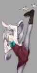  1girl :o ahoge arms_up asashimo_(kantai_collection) blue_bow blue_neckwear boots bow bowtie brown_footwear collared_shirt comah cross-laced_footwear dress fighting_stance grey_background grey_legwear hair_over_one_eye kantai_collection knee_boots leg_up long_hair long_sleeves open_mouth pantyhose ponytail red_dress shirt shoe_soles silver_eyes silver_hair simple_background solo split spread_legs standing standing_on_one_leg standing_split thighband_pantyhose very_long_hair white_shirt 