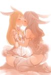  2girls animal_ears artist_name ass bunny_ears bunny_tail closed_eyes dated elin_(tera) from_side full_body garter_straps holding_hands interlocked_fingers kiss kneeling lingerie multiple_girls off_shoulder profile rice365 simple_background tail tera_online thighhighs underwear white_background yuri 