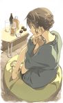  alcohol barefoot blue_eyes bottle brown_hair chocolate cup drinking_glass looking_back original seu_kaname shorts sitting solo sweater table 