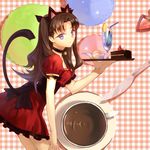  alternate_costume animal_ears bell bell_choker blue_eyes brown_hair cake cat_ears cat_tail cherry_(10013717) choker corset dress drink fate/stay_night fate_(series) food highres kemonomimi_mode long_hair puffy_short_sleeves puffy_sleeves red_dress short_sleeves smile solo tail toosaka_rin tray two_side_up waitress 