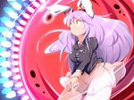  animal_ears bangs blazer breasts bunny_ears collared_shirt commentary_request covered_nipples crescent crescent_moon_pin danmaku ear_clip finger_gun hips impossible_clothes impossible_skirt jacket kikurage_(sugi222) large_breasts long_hair long_sleeves looking_up necktie pink_skirt purple_hair red_eyes red_neckwear reisen_udongein_inaba serious shirt skirt solo spell_card taut_clothes thighs touhou very_long_hair 