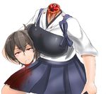  blood blood_from_mouth blue_skirt breasts brown_hair disembodied_head dress guro japanese_clothes kaga_(kantai_collection) kantai_collection large_breasts looking_at_viewer muneate saizu_nitou_gunsou side_ponytail skirt solo what white_dress 