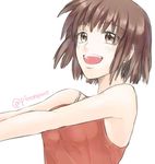  :d bad_id bad_pixiv_id bare_shoulders blush breasts brown_eyes brown_hair medium_breasts nishio_rina open_mouth shiny shiny_hair short_hair simple_background smile solo soukyuu_no_fafner tank_top twitter_username wae white_background 