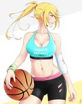  absurdres bakemonogatari bare_shoulders basketball blonde_hair breasts cleavage collarbone highres j_adsen kiss-shot_acerola-orion_heart-under-blade large_breasts long_hair midriff monogatari_(series) navel oshino_shinobu pointy_ears ponytail solo standing tank_top wristband yellow_eyes 