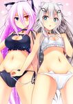  2girls :o ahoge akine_(kuroyuri) alphecca animal_ears antenna_hair aqua_eyes ass_visible_through_thighs bangs bell bell_choker black_bra black_panties blue_eyes blush bra breasts calamity_dawn cat_cutout cat_ear_panties cat_ears cat_lingerie chestnut_mouth choker cleavage cleavage_cutout cowboy_shot crotch eyes_visible_through_hair facial_tattoo fake_animal_ears frilled_bra frills from_below gradient gradient_background groin hair_between_eyes hair_ornament hair_rings hairband hairclip hand_on_hip hand_on_own_chest heterochromia highres hips jingle_bell kemonomimi_mode large_breasts lavender_background lavender_hair legs_apart lens_flare long_hair looking_at_viewer meme_attire multiple_girls museca navel panties parted_bangs parted_lips paw_print red_eyes shiny shiny_skin side-tie_panties sidelocks silver_hair small_breasts star strap_pull surprised symbol-shaped_pupils tattoo thighs underwear underwear_only very_long_hair white_background white_bra white_panties 