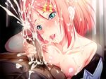  1girl censored cum cum_on_hair dieselmine game_cg hair_ornament mainaka_sae nakajou nipples penis precum pubic_hair small_breasts st._gyaku_rape_gakuen 