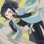  bad_id bad_pixiv_id black_hair blue_eyes bridal_gauntlets hakama haori japanese_clothes male_focus mole mole_under_eye open_mouth peeking_through_fingers ponytail scarf shinsengumi solo touken_ranbu xi_yuu yamato-no-kami_yasusada 