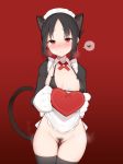  1girl animal_ears apron arapi bangs black_bow black_bra black_hair black_legwear blush bow bow_bra box bra breasts cameltoe cat_ears cat_tail collarbone detached_collar eyebrows_visible_through_hair folded_ponytail gift gift_box gloves gluteal_fold hair_ribbon heart heart-shaped_box holding holding_gift kaguya-sama_wa_kokurasetai_~tensai-tachi_no_renai_zunousen~ long_sleeves looking_at_viewer maid maid_headdress medium_breasts no_panties parted_bangs paw_gloves paws pubic_hair pussy_juice red_background red_eyes red_ribbon ribbon shinomiya_kaguya sidelocks simple_background solo spoken_heart standing tail thigh_gap thighhighs underwear valentine white_apron 