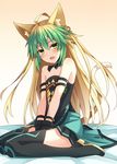  ahoge animal_ears armlet atalanta_(fate) bare_shoulders black_dress black_footwear black_legwear blush boots cat_ears commentary_request dress fang fate/apocrypha fate/grand_order fate_(series) flat_chest gloves gradient_hair green_eyes green_hair highres komori_kuzuyu long_hair looking_at_viewer multicolored_hair open_mouth sitting solo tail thigh_boots thighhighs two-tone_hair wariza 