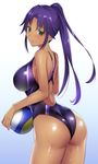  ass asuka_(dream_c_club_zero) back blush breasts competition_swimsuit dark_skin dream_c_club dream_c_club_(series) dream_c_club_zero green_eyes large_breasts mole mole_under_eye one-piece_swimsuit ponytail purple_hair shiny shiny_clothes shiny_skin smile solo swimsuit tomohiro_kai volleyball wet 