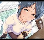  alarm_clock aoi_chizuru bangs bed bed_sheet black_gloves black_legwear blanket blue_hair blush breast_grab breasts brown_eyes clock closed_mouth collarbone crescent curtains eyebrows eyebrows_visible_through_hair gloves grabbing guided_breast_grab indoors jewelry large_breasts letterboxed lips looking_at_viewer mole mole_under_mouth motion_lines necklace on_bed original pantyhose paper parted_bangs pendant pov room shirt_tug short_hair sitting smile solo_focus sweat sweatdrop sweater tsurime visible_ears 