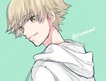  bad_id bad_pixiv_id blonde_hair blue_background brown_eyes closed_mouth hood hoodie kaburagi_sui male_focus portrait smile solo soukyuu_no_fafner twitter_username wae 