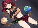  arms_behind_back barefoot black_shirt blush breasts chain closed_mouth clothes_writing globe hat hecatia_lapislazuli hemogurobin_a1c large_breasts looking_at_viewer lying multicolored multicolored_clothes multicolored_skirt navel nipples pleated_skirt polos_crown red_eyes red_hair shirt short_hair skirt solo sphere tears torn_clothes touhou 