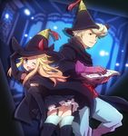  1boy 1girl ass blonde_hair blue_eyes blush book boots bow bravely_default:_flying_fairy breasts cape edea_lee elbow_gloves garter_straps gloves hat leaning leaning_forward long_hair looking_at_viewer mocchiri one_eye_closed pants platinum_blonde ringabel shiny shiny_hair sideboob skirt smile thigh_boots wink 