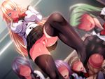  1boy blue_eyes blush bottomless censored dieselmine feet footjob game_cg green_hair multiple_girls nakajou no_shoes penis pubic_hair pussy sankouin_reika school school_uniform skirt st._gyaku_rape_gakuen stockings sweat thighhighs toes 