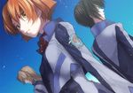  2boys bad_id bad_pixiv_id black_hair blue_background brown_eyes brown_hair cropped_jacket jacket long_hair long_sleeves makabe_kazuki minashiro_soushi multiple_boys orange_hair parted_lips short_hair soukyuu_no_fafner standing toomi_maya uniform wae 