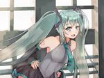  blush detached_sleeves green_eyes green_hair hands_on_hips hatsune_miku highres leaning_forward lingyan_heiye long_hair looking_at_viewer necktie open_mouth skirt smile solo tattoo twintails very_long_hair vocaloid window 