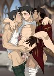  3boys age_difference anal ass bara black_hair bolin bottomless brothers cum cum_in_ass cum_while_penetrated cumdrip drooling erection family group_sex happy_sex incest kiss legend_of_korra licking male_focus multiple_boys naughty_face saliva sex siblings tongue yaoi 