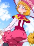  asahina_mirai ass blonde_hair blush broom broom_riding capelet cloud day hat looking_back magic_school_uniform mahou_girls_precure! precure purple_eyes short_hair sky solo tj-type1 witch_hat 