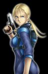  ass bag black_background blonde_hair blue_eyes bodysuit breasts capcom gun highres holding holding_gun holding_weapon jill_valentine large_breasts long_hair long_sleeves looking_at_viewer parted_lips ponytail resident_evil resident_evil_5 serious sideboob simple_background solo standing thor_(deep_rising) upper_body weapon 