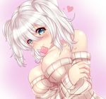  bad_id bad_pixiv_id bare_shoulders blue_eyes blush breasts cleavage condom condom_in_mouth condom_wrapper heart kantai_collection kashima_(kantai_collection) large_breasts looking_at_viewer mouth_hold pink_background re:ia short_hair silver_hair solo twintails 