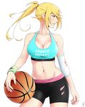  absurdres bakemonogatari bare_shoulders basketball blonde_hair breasts cleavage collarbone highres j_adsen kiss-shot_acerola-orion_heart-under-blade large_breasts long_hair midriff monogatari_(series) navel oshino_shinobu pointy_ears ponytail solo standing tank_top wristband yellow_eyes 