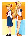  back-to-back bishoujo_senshi_sailor_moon blonde_hair blue_bow blue_neckwear blue_sailor_collar blue_skirt bow bowtie choker dual_persona elbow_gloves from_side full_body gloves high_heels long_hair mary_janes miniskirt neckerchief orange_choker orange_neckwear orange_sailor_collar pleated_skirt ponytail sailor_collar sailor_senshi_uniform sailor_venus sakurarose12 school_uniform shiba_koen_middle_school_uniform shoes short_sleeves skirt socks standing strappy_heels w.i.t.c.h. watermark web_address white_gloves white_legwear 