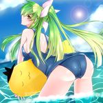  1girl artist_request ass back bare_shoulders blush breasts c.c. cheese-kun code_geass cosplay from_behind green_hair hair_ribbon i-19_(kantai_collection) i-19_(kantai_collection)_(cosplay) kantai_collection large_breasts long_hair looking_back one_piece_swimsuit parted_lips ribbon school_swimsuit shiny shiny_clothes shiny_hair shiny_skin sideboob solo swimsuit twintails water 