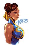  breasts brown_eyes brown_hair chun-li colorized commentary completion_time double_bun from_side hair_ribbon highres large_breasts lips nose ribbon robert_porter sleeveless solo street_fighter street_fighter_zero_(series) upper_body vest 