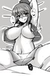  absurdres arm_up armpits bare_shoulders blush breasts covered_nipples cowgirl_position girl_on_top greyscale hair_ornament hairclip highres kantai_collection large_breasts looking_at_viewer maya_(kantai_collection) monochrome nagisa_otoha navel no_bra open_clothes pleated_skirt remodel_(kantai_collection) school_uniform serafuku short_hair skirt sleeveless solo straddling sweat x_hair_ornament 