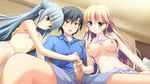  2girls :o black_eyes black_hair blonde_hair blue_hair blush breasts cellphone censored ffm_threesome flat_chest game_cg green_eyes group_incest group_sex hair_flaps handjob highres incest kanekiyo_miwa long_hair looking_down mamiya-kunchi_no_itsutsugo_jijou mamiya_nekoto mamiya_ryouta mamiya_yakumo mosaic_censoring multiple_girls multiple_handjob nipples penis phone shirt_lift short_hair siblings sisters smartphone smile threesome yellow_eyes 