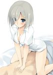 1girl blue_eyes blush breasts cleavage eyes_visible_through_hair girl_on_top hair_ornament hair_over_one_eye hairclip hamakaze_(kantai_collection) hetero kantai_collection medium_breasts naked_shirt shirt short_hair silver_hair sitting sitting_on_person solo_focus straddling zekkyon 
