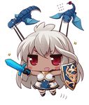  &gt;_&lt; :d @_@ ahoge armor armored_dress blue_dress blush chibi closed_eyes dark_skin dragon dress flying granblue_fantasy held_up holding holding_sword holding_weapon long_hair motion_lines naturalton open_mouth red_eyes shield silver_hair simple_background smile solo sword thighhighs v-shaped_eyebrows weapon white_background zooey_(granblue_fantasy) 