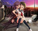  2girls blood braids breast_grab brown_hair building city cropped dangan-ronpa drogoth fukawa_touko glasses green_eyes kneehighs monokuma naegi_komaru red_eyes scenic seifuku sunset thighhighs torn_clothes yuri zettai_zetsubou_shoujo 