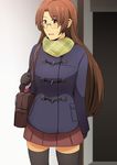  1girl azumanga_daiou black_legwear blush brown_eyes brown_hair coat eyebrows eyebrows_visible_through_hair glasses gloves gureko_rouman highres indoors legs long_hair long_sleeves looking_at_viewer mizuhara_koyomi over_shoulder parted_lips scarf school_bag semi-rimless_glasses skirt solo standing sweatdrop thighhighs thighs zettai_ryouiki 