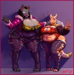  anthro big_breasts blizzard_entertainment breasts canid canine clothed clothing duo female fernier greasymojo huge_breasts looking_at_viewer mammal navel nipple_bulge overweight overweight_female scalie smile standing tongue tongue_out torn_clothing v_sign video_games warcraft were werecanid werecanine werewolf worgen 