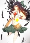  arm_cannon bird_wings black_feathers black_hair black_wings bow energy energy_ball falling_feathers green_bow green_skirt hair_bow highres kagari6496 looking_at_viewer magic navel open_collar popped_collar red_eyes reiuji_utsuho shirt short_sleeves simple_background sketch skirt solo touhou weapon white_background white_shirt wing_collar wings wristband 