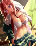  blush bra breasts cleavage collarbone dress_shirt dutch_angle hair_ribbon haribote_(tarao) heart heart-shaped_pupils lace lace-trimmed_bra lace-trimmed_panties large_breasts long_sleeves looking_at_viewer mouth_hold navel necktie open_clothes open_shirt panties pink_eyes red_hair ribbon sakura_trick school_uniform shirt skirt skirt_pull smile solo symbol-shaped_pupils takayama_haruka underwear undressing white_bra white_panties 