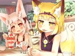  :3 :d :p animal_ears bare_shoulders blonde_hair blush bob_cut bow cafe crr_w9kd cup food fox_ears fox_tail fruit glass hair_bow hairband indoors leaf multiple_girls open_mouth original parfait pink_eyes pink_hair plant shirt short_hair sleeveless sleeveless_shirt smile spoon strawberry tail tongue tongue_out yellow_eyes 
