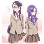  2girls arms_behind_back blush brown_skirt eighth_note glasses grey_eyes h26r heartcatch_precure! kurumi_momoka long_hair multiple_girls musical_note myoudou_gakuen_high_school_uniform precure purple_eyes purple_hair school_uniform skirt tsukikage_yuri 