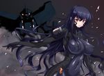  beatrix_bremer black_hair bodysuit breasts covered_navel covered_nipples cureecoolan glowing glowing_eyes gradient gradient_background large_breasts lips long_hair mecha muvluv outstretched_arm petals pilot_suit red_eyes schwarzesmarken skin_tight smoke solo standing 