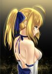  ahoge1 aqua_eyes artoria_pendragon_(all) back blonde_hair blush breasts fate/stay_night fate_(series) highres kamkac long_hair medium_breasts ponytail saber sideboob solo 